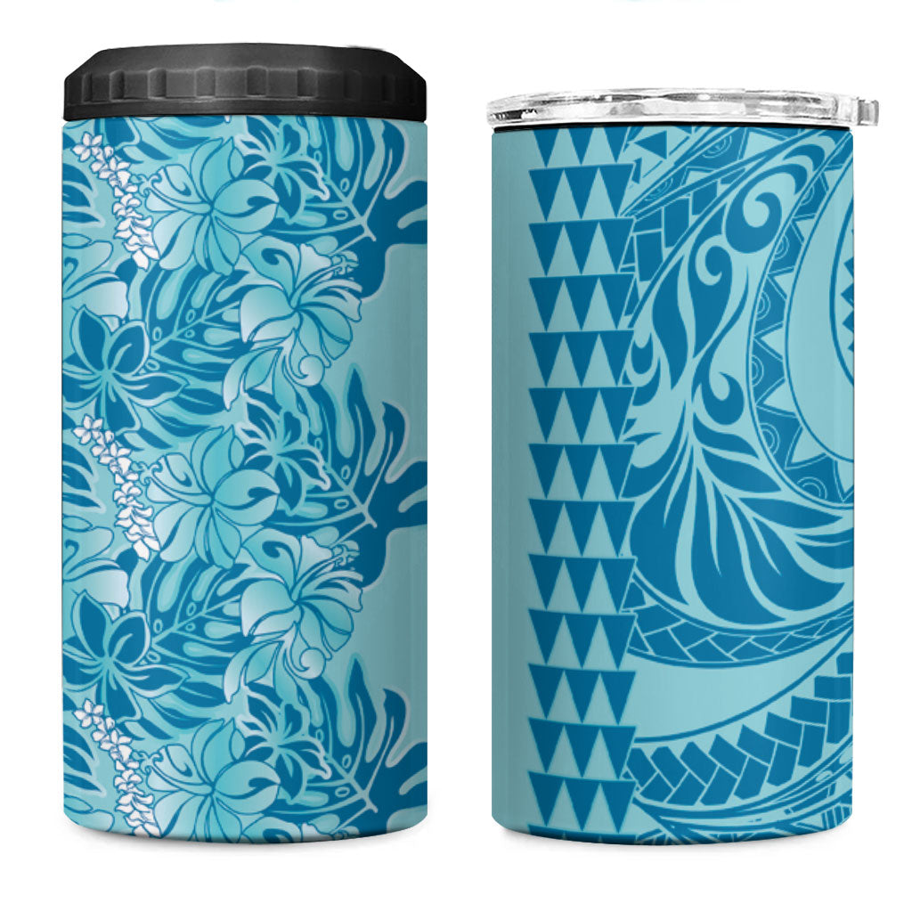 Cyan Hibiscus Monstera Seamless Kakau Hawaii 4 in 1 Can Cooler Tumbler LT14 One Size: 16 oz Cyan - Polynesian Pride
