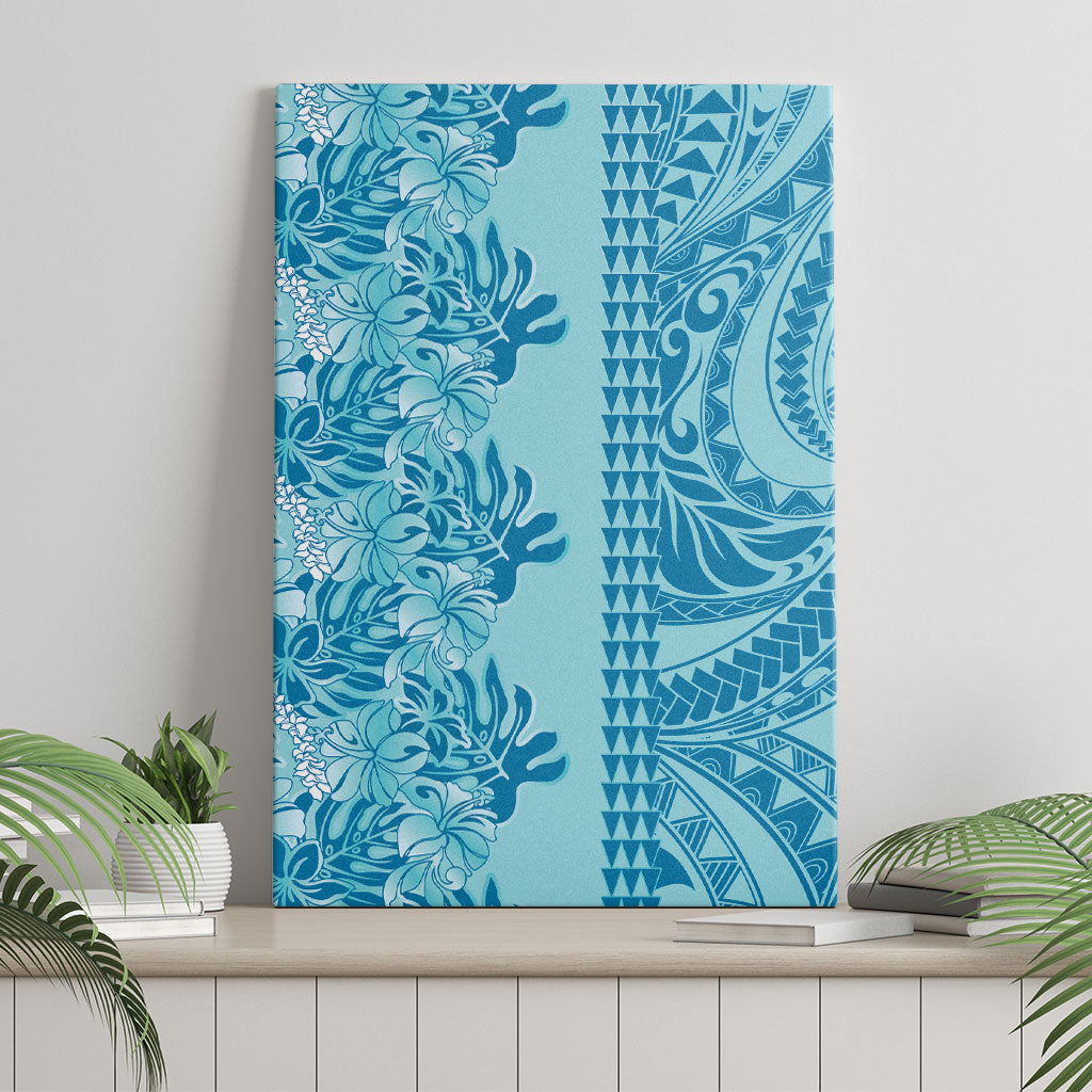 Cyan Hibiscus Monstera Seamless Kakau Hawaii Canvas Wall Art