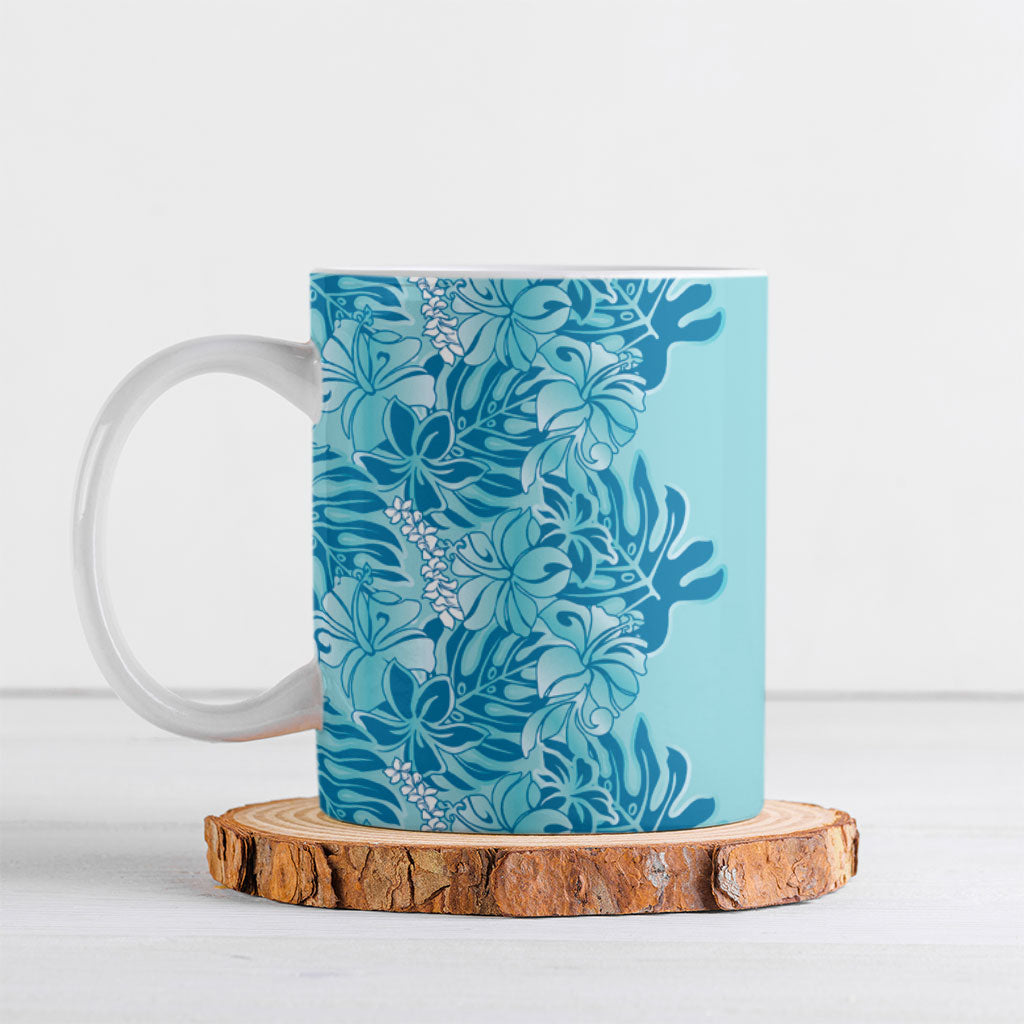 Cyan Hibiscus Monstera Seamless Kakau Hawaii Ceramic Mug