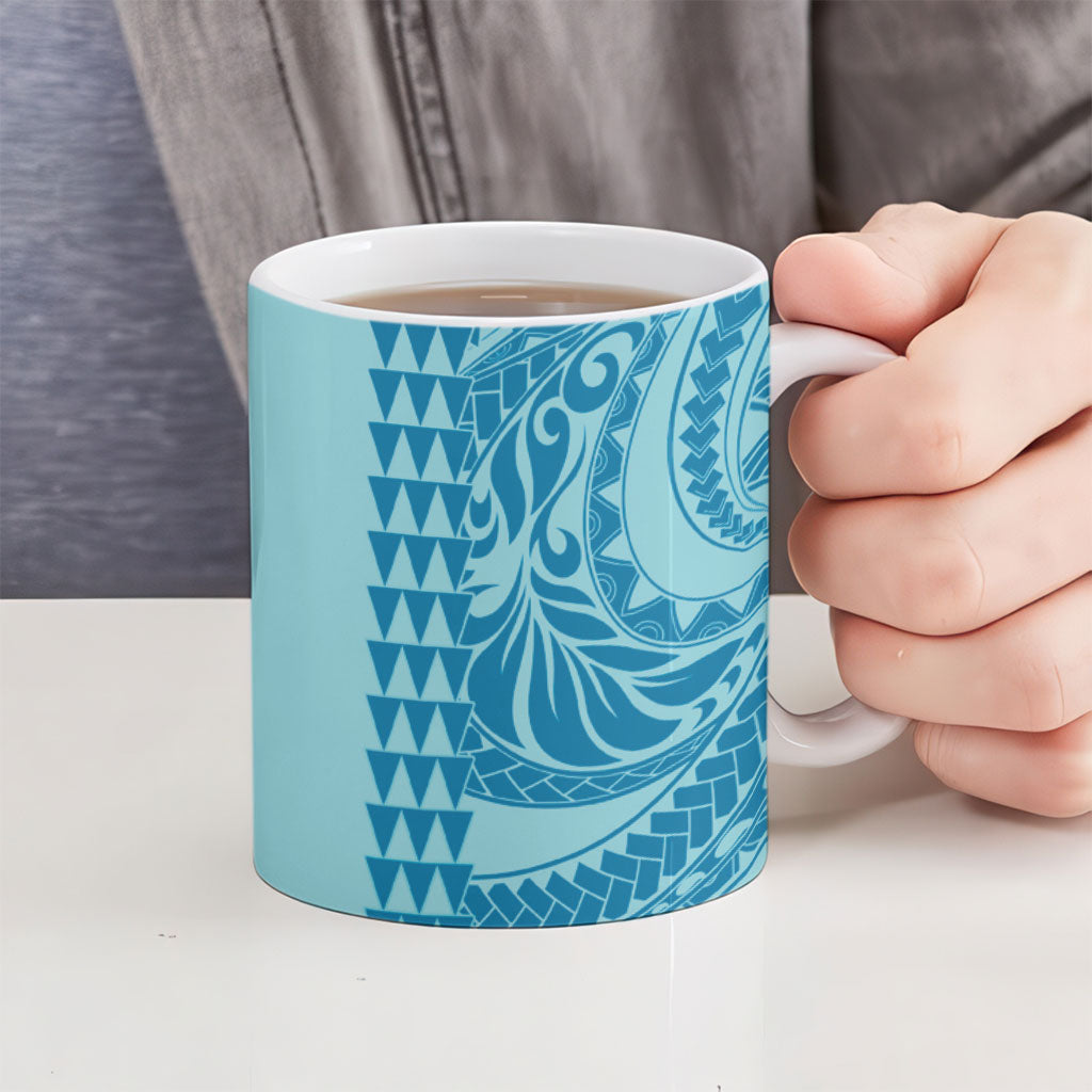 Cyan Hibiscus Monstera Seamless Kakau Hawaii Ceramic Mug