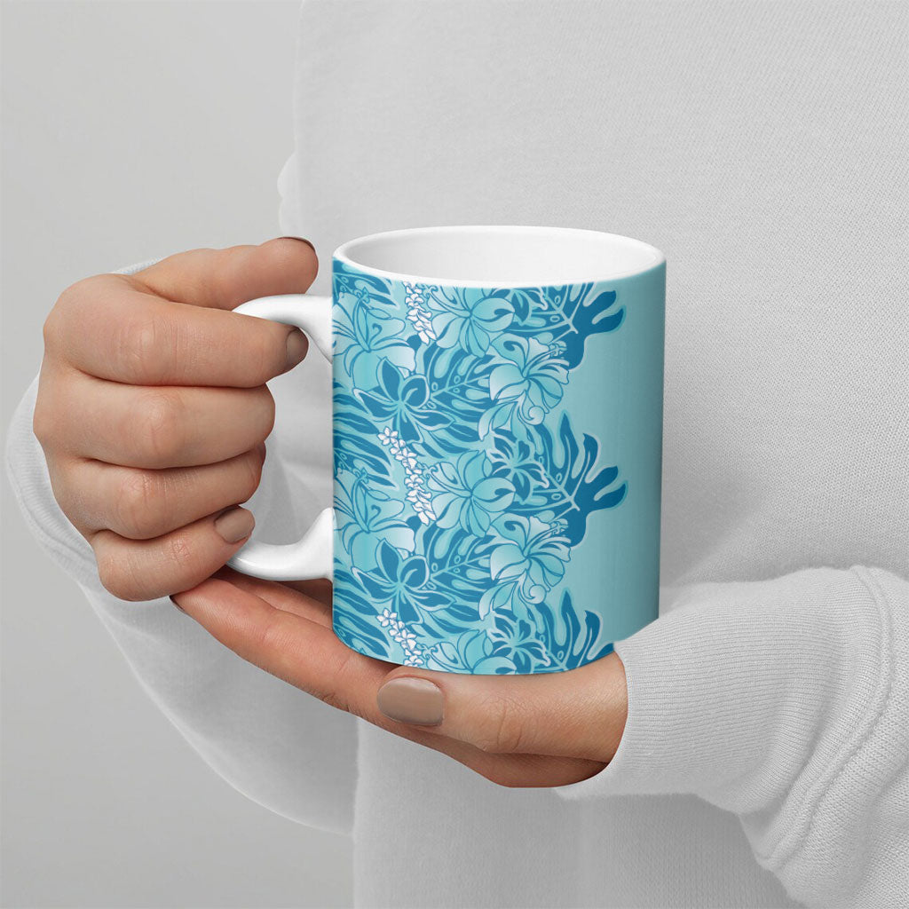Cyan Hibiscus Monstera Seamless Kakau Hawaii Ceramic Mug