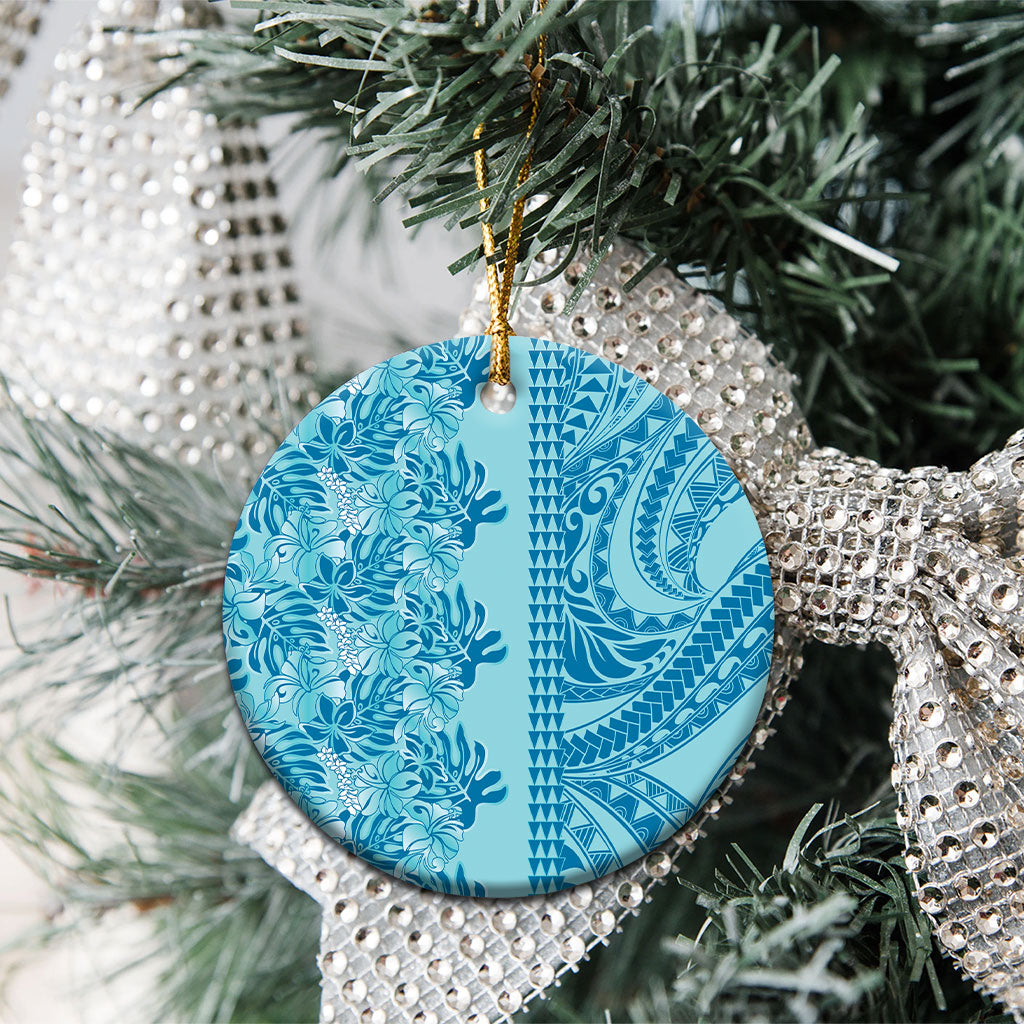 Cyan Hibiscus Monstera Seamless Kakau Hawaii Ceramic Ornament