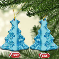 Cyan Hibiscus Monstera Seamless Kakau Hawaii Ceramic Ornament