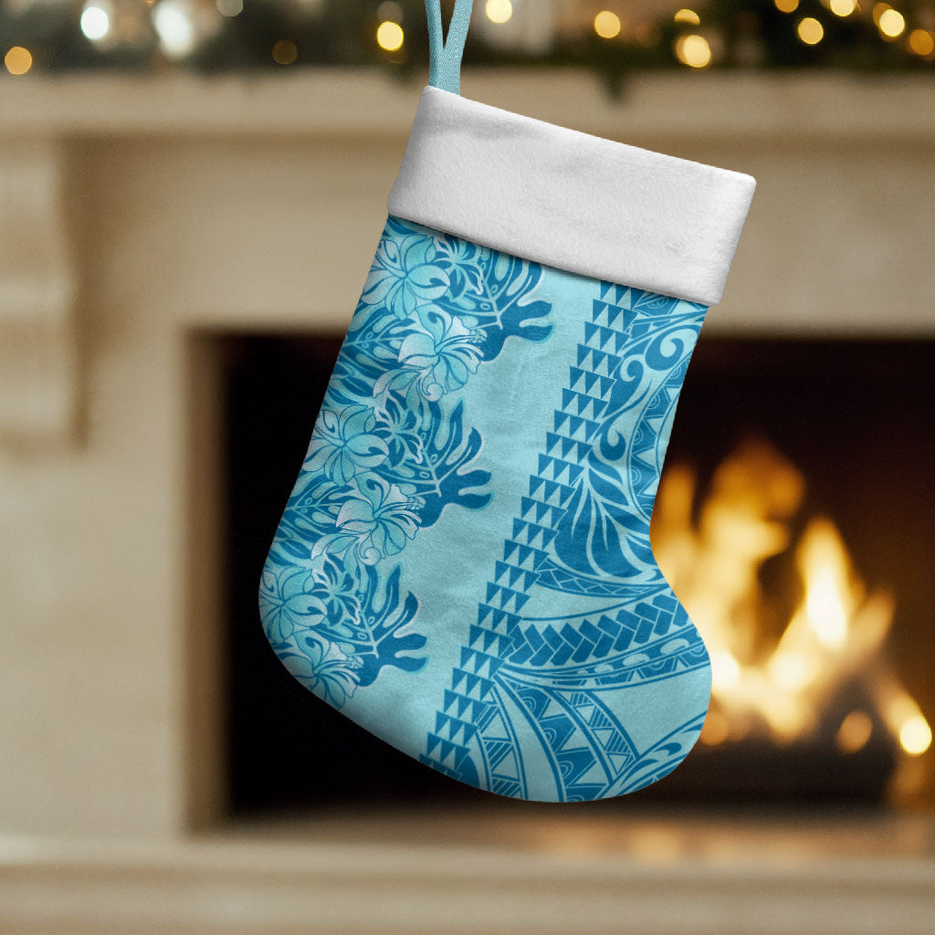 Cyan Hibiscus Monstera Seamless Kakau Hawaii Christmas Stocking