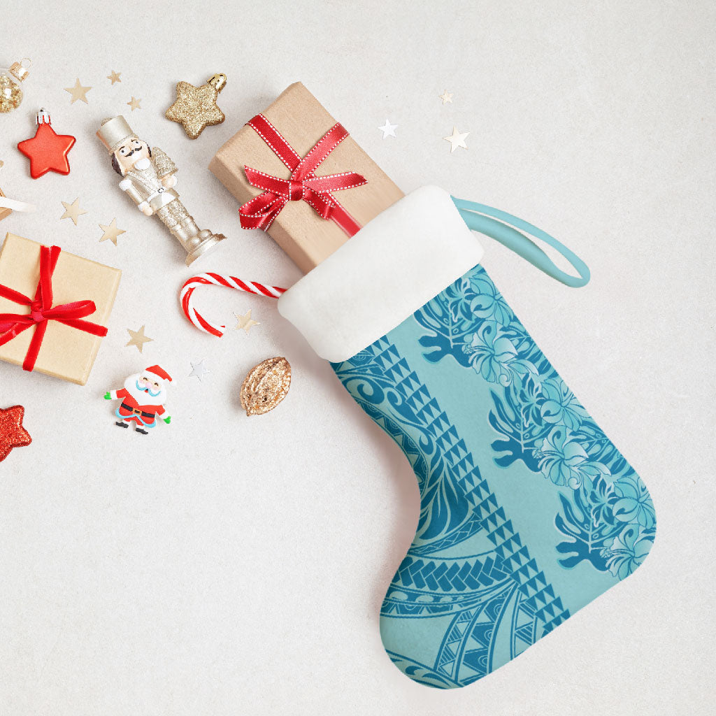 Cyan Hibiscus Monstera Seamless Kakau Hawaii Christmas Stocking
