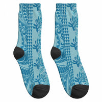 Cyan Hibiscus Monstera Seamless Kakau Hawaii Crew Socks LT14 - Polynesian Pride