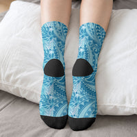 Cyan Hibiscus Monstera Seamless Kakau Hawaii Crew Socks LT14 - Polynesian Pride
