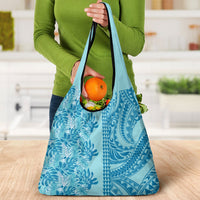 Cyan Hibiscus Monstera Seamless Kakau Hawaii Grocery Bag