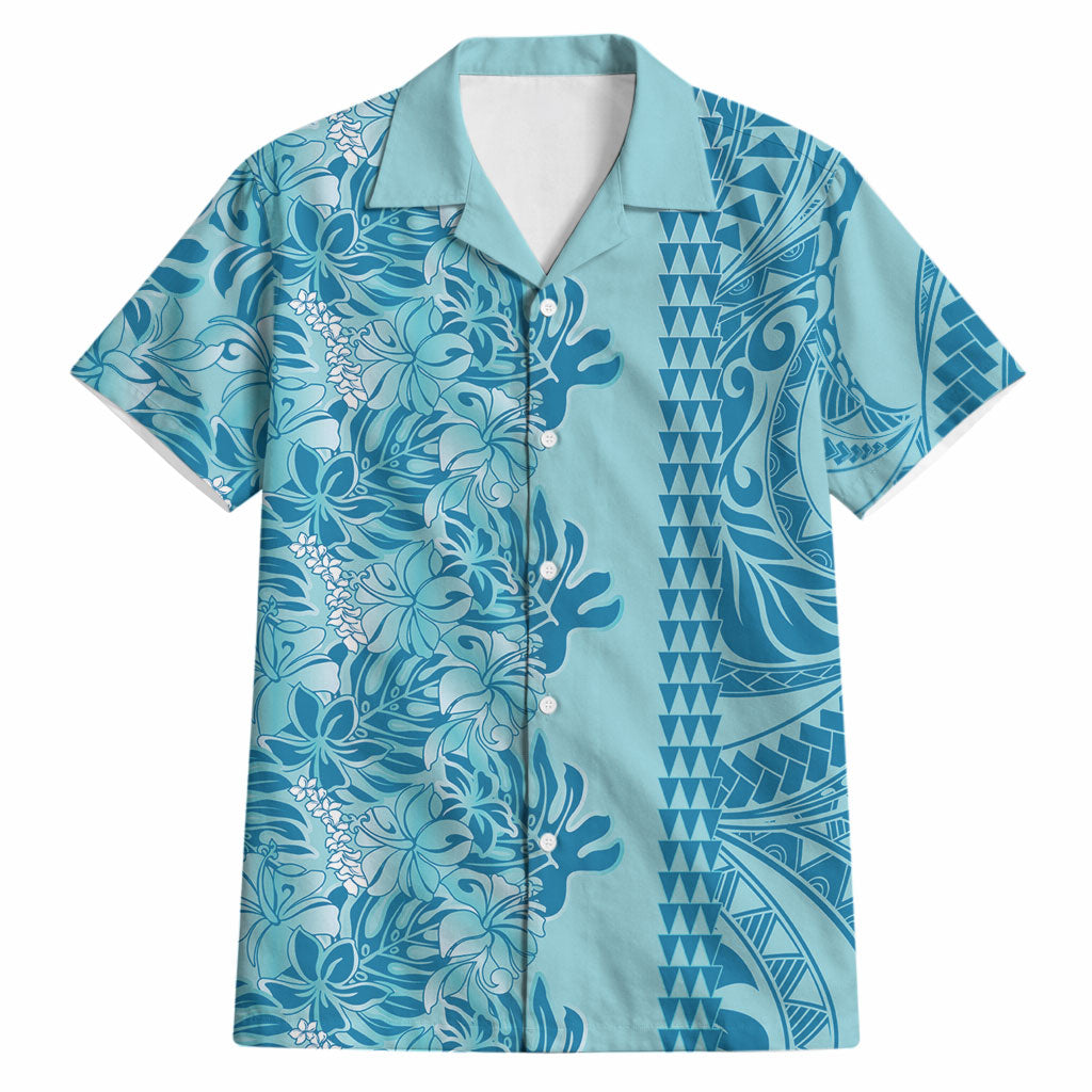 Cyan Hibiscus Monstera Seamless Kakau Hawaii Hawaiian Shirt LT14 Cyan - Polynesian Pride