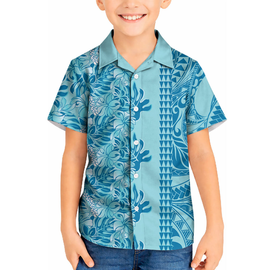 Cyan Hibiscus Monstera Seamless Kakau Hawaii Kid Hawaiian Shirt LT14 Kid Cyan - Polynesian Pride