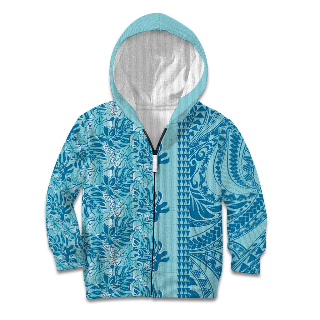 Cyan Hibiscus Monstera Seamless Kakau Hawaii Kid Hoodie LT14 Zip Hoodie Cyan - Polynesian Pride