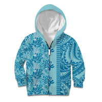 Cyan Hibiscus Monstera Seamless Kakau Hawaii Kid Hoodie LT14 Zip Hoodie Cyan - Polynesian Pride