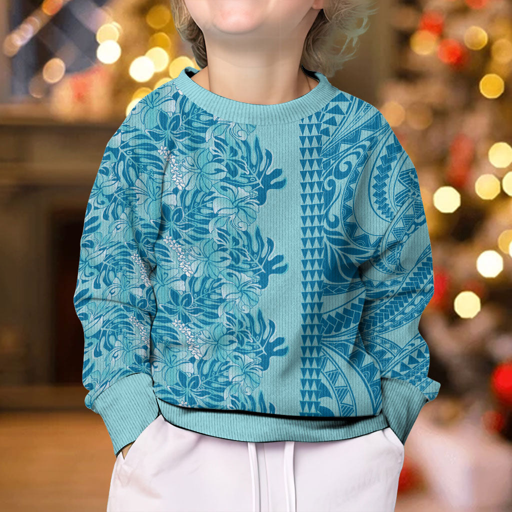 Cyan Hibiscus Monstera Seamless Kakau Hawaii Kid Ugly Christmas Sweater LT14 - Polynesian Pride