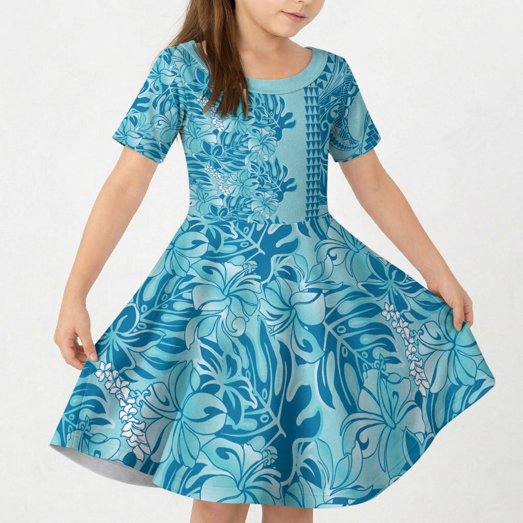 Cyan Hibiscus Monstera Seamless Kakau Hawaii Kid Short Sleeve Dress LT14 KID Cyan - Polynesian Pride