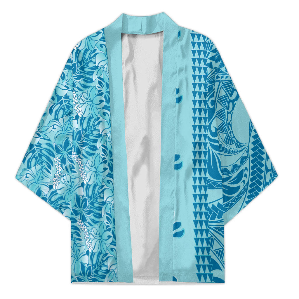 Cyan Hibiscus Monstera Seamless Kakau Hawaii Kimono