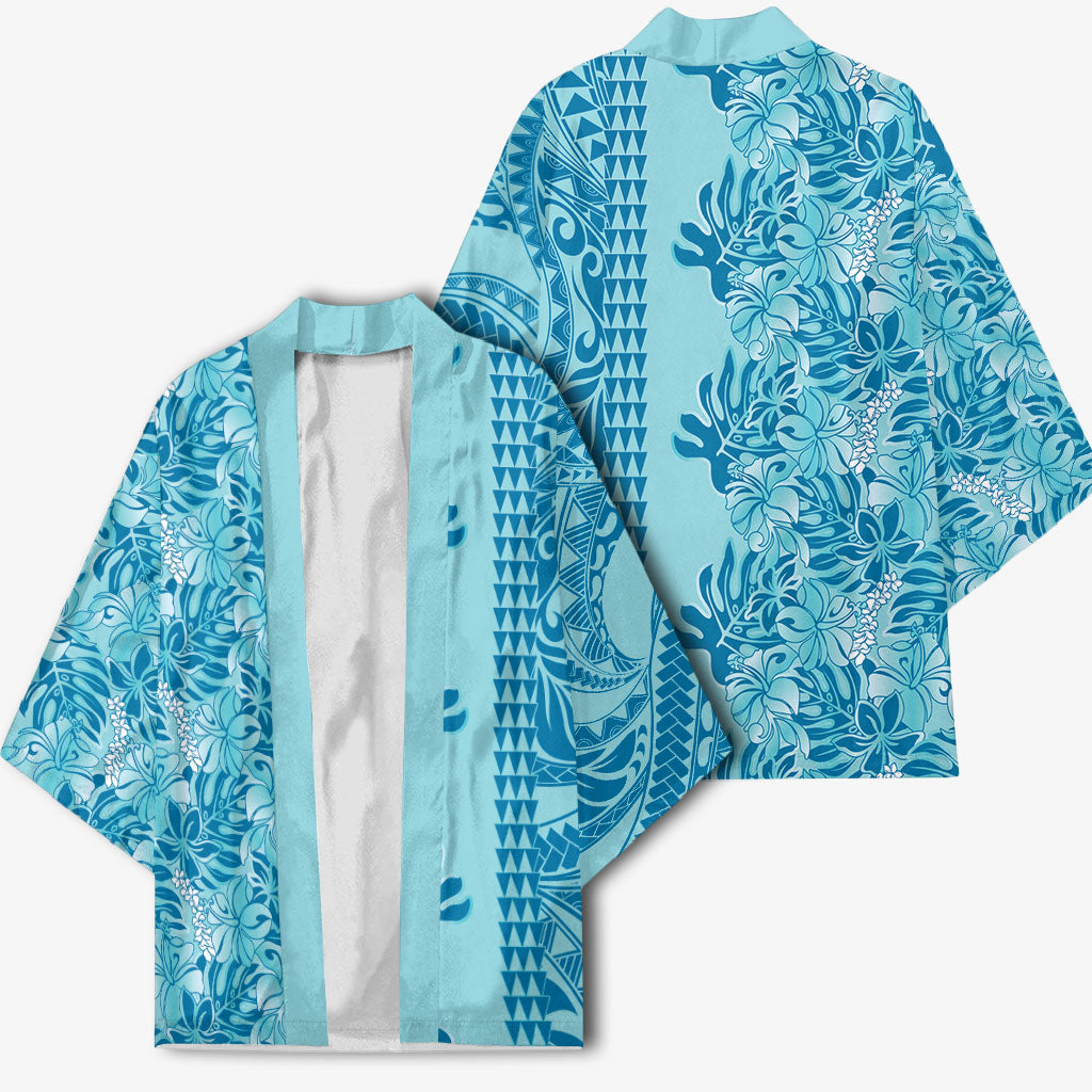 Cyan Hibiscus Monstera Seamless Kakau Hawaii Kimono