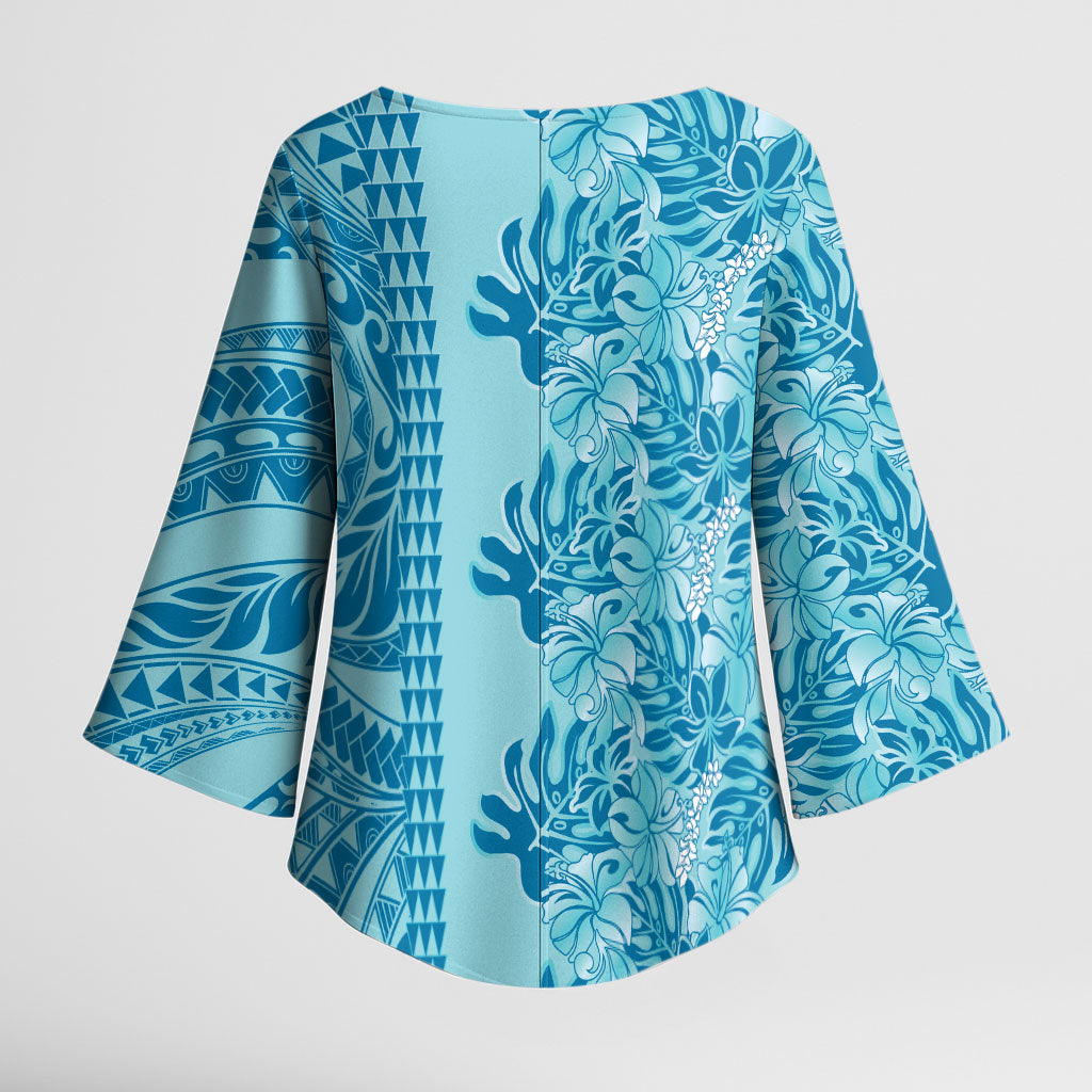 Cyan Hibiscus Monstera Seamless Kakau Hawaii Kimono Sleeve Blouse LT14 - Polynesian Pride
