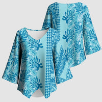 Cyan Hibiscus Monstera Seamless Kakau Hawaii Kimono Sleeve Blouse LT14 - Polynesian Pride