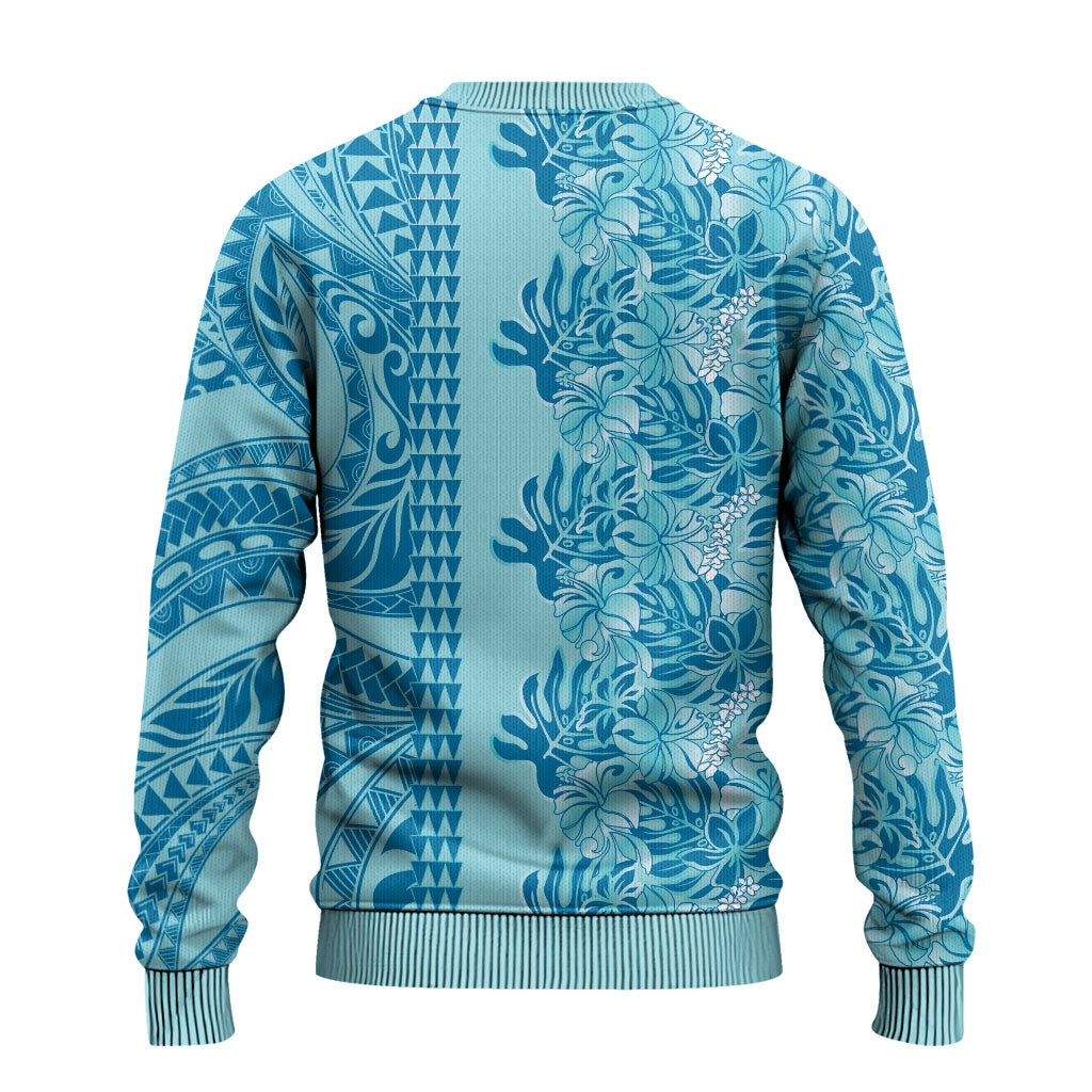 Cyan Hibiscus Monstera Seamless Kakau Hawaii Ugly Christmas Sweater LT14 - Polynesian Pride
