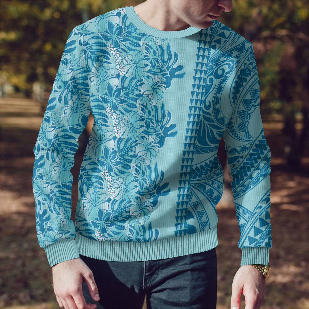 Cyan Hibiscus Monstera Seamless Kakau Hawaii Ugly Christmas Sweater LT14 - Polynesian Pride