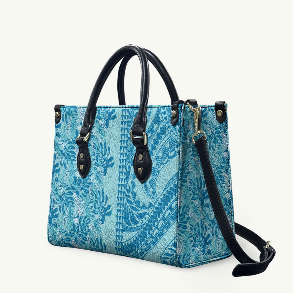 Cyan Hibiscus Monstera Seamless Kakau Hawaii Leather Bag