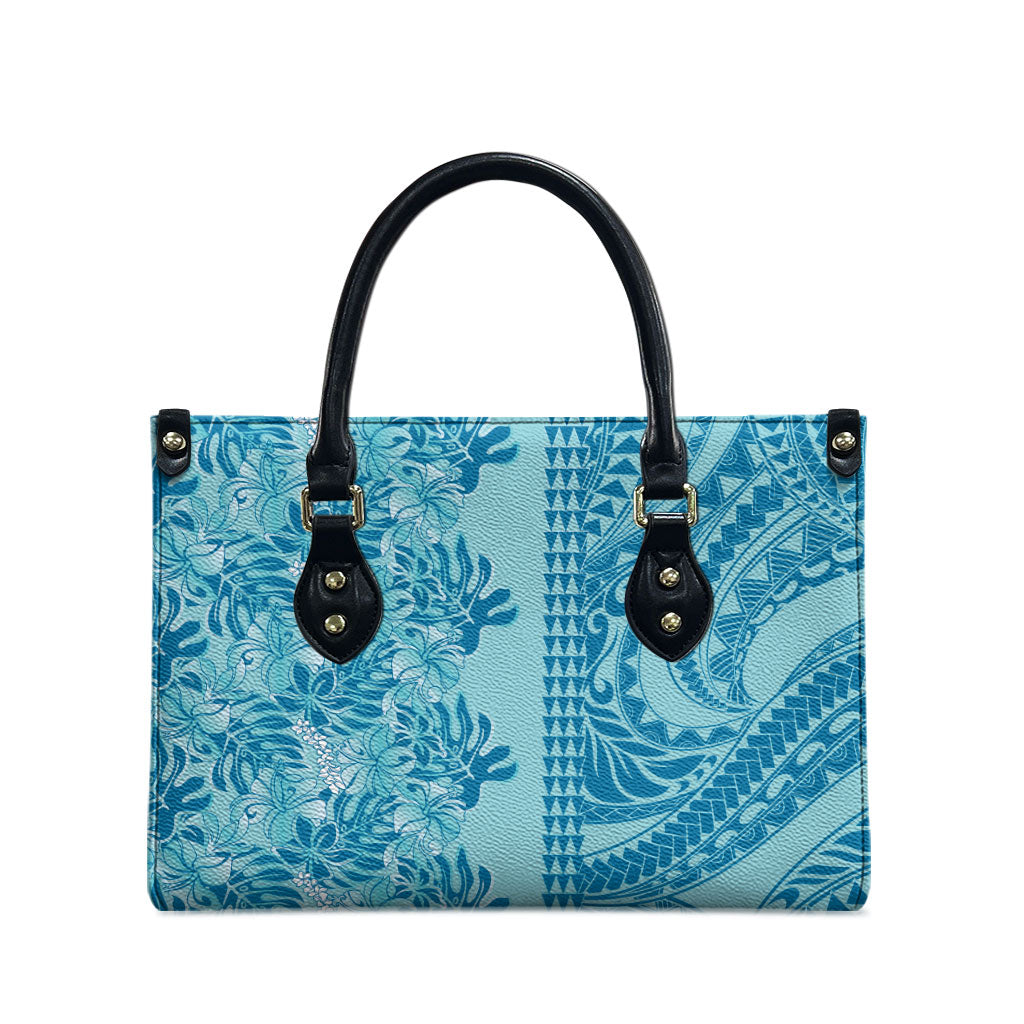Cyan Hibiscus Monstera Seamless Kakau Hawaii Leather Bag