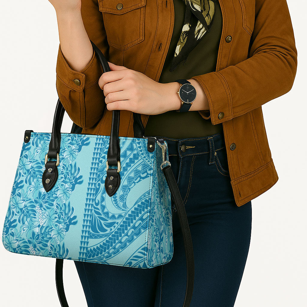 Cyan Hibiscus Monstera Seamless Kakau Hawaii Leather Bag