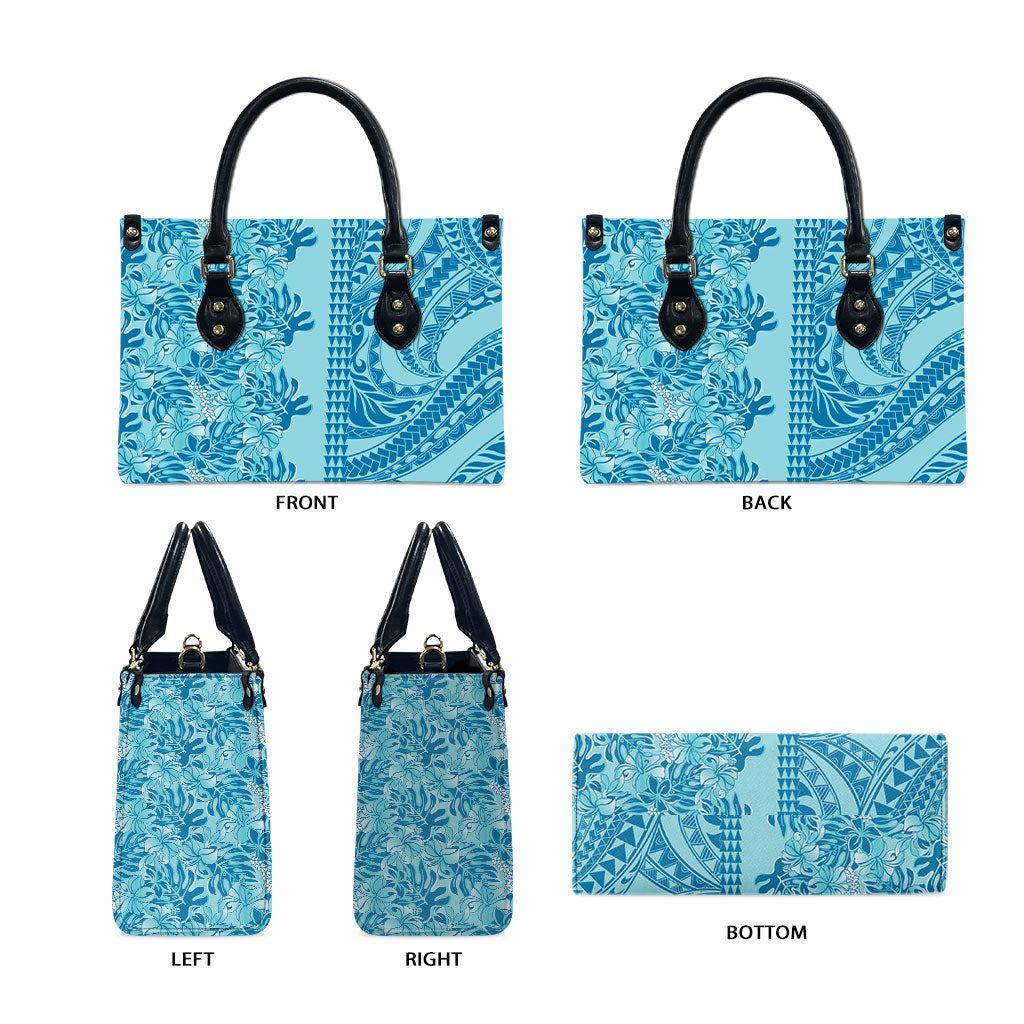 Cyan Hibiscus Monstera Seamless Kakau Hawaii Leather Bag