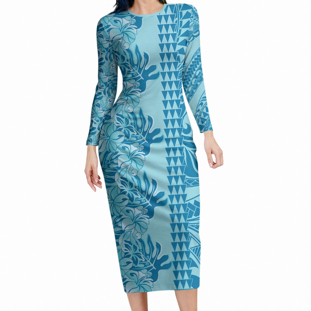 Cyan Hibiscus Monstera Seamless Kakau Hawaii Long Sleeve Bodycon Dress LT14 Long Dress Cyan - Polynesian Pride