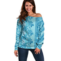 Cyan Hibiscus Monstera Seamless Kakau Hawaii Off Shoulder Sweater