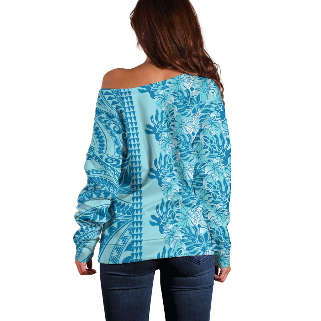 Cyan Hibiscus Monstera Seamless Kakau Hawaii Off Shoulder Sweater