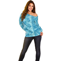 Cyan Hibiscus Monstera Seamless Kakau Hawaii Off Shoulder Sweater