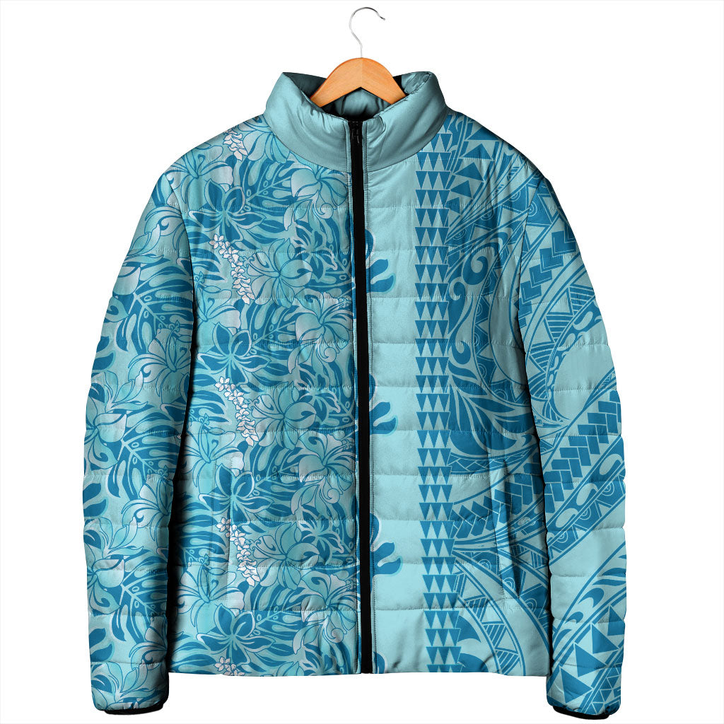 Cyan Hibiscus Monstera Seamless Kakau Hawaii Padded Jacket LT14 - Polynesian Pride