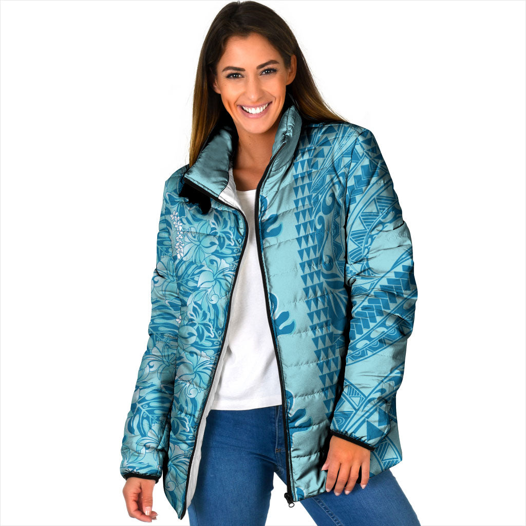 Cyan Hibiscus Monstera Seamless Kakau Hawaii Padded Jacket LT14 Women Cyan - Polynesian Pride