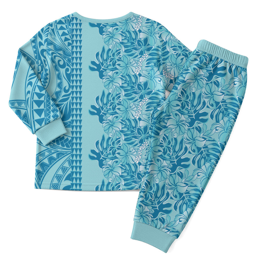 Cyan Hibiscus Monstera Seamless Kakau Hawaii Christmas Pajama Set LT14 - Polynesian Pride