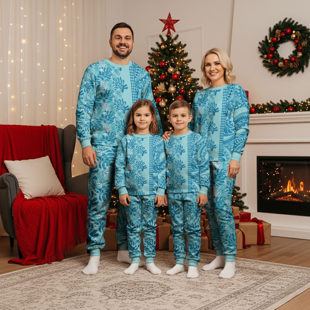 Cyan Hibiscus Monstera Seamless Kakau Hawaii Christmas Pajama Set LT14 - Polynesian Pride