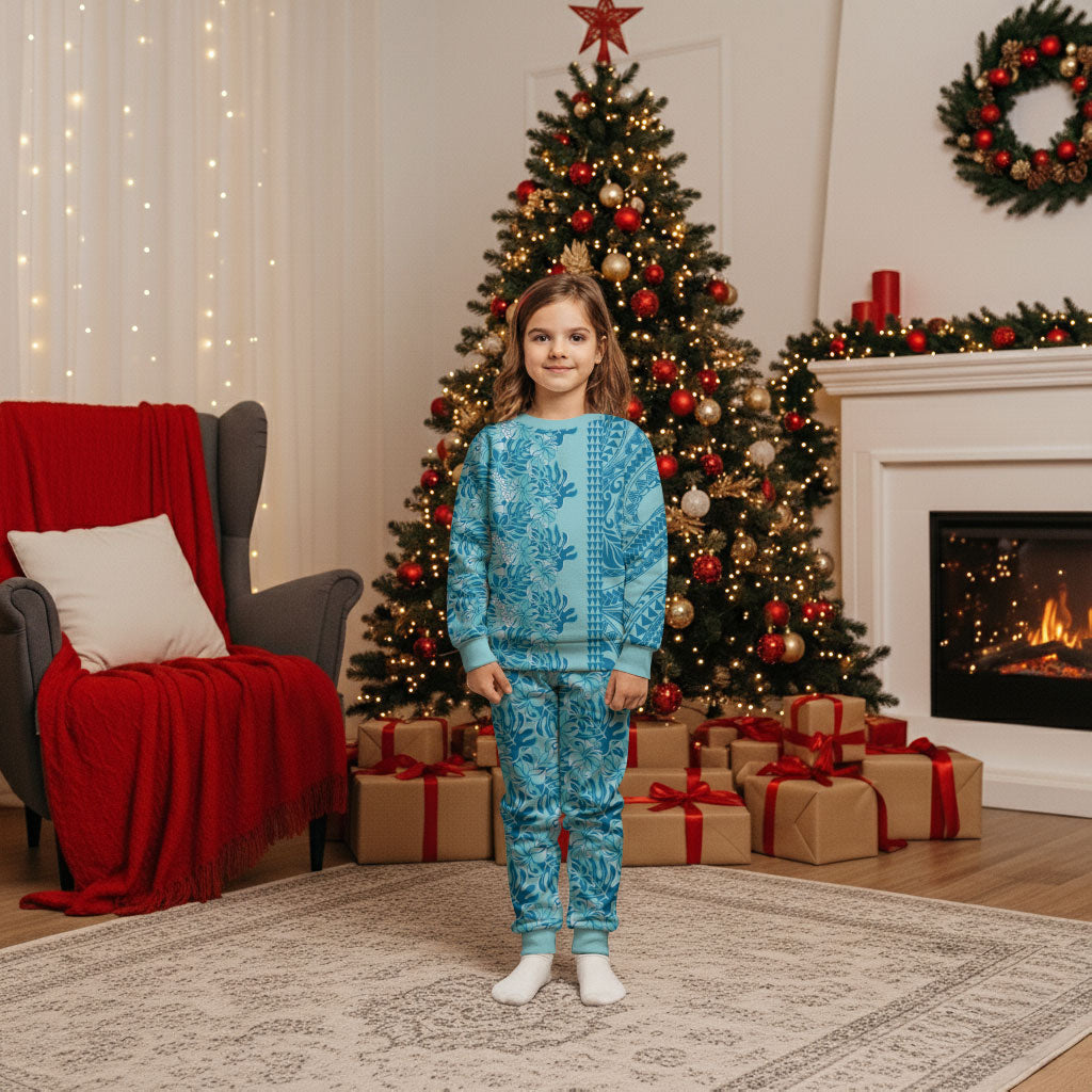 Cyan Hibiscus Monstera Seamless Kakau Hawaii Christmas Pajama Set LT14 Kid Cyan - Polynesian Pride