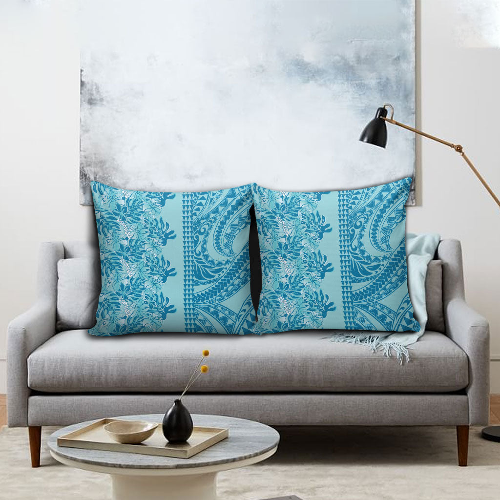 Cyan Hibiscus Monstera Seamless Kakau Hawaii Pillow Cover