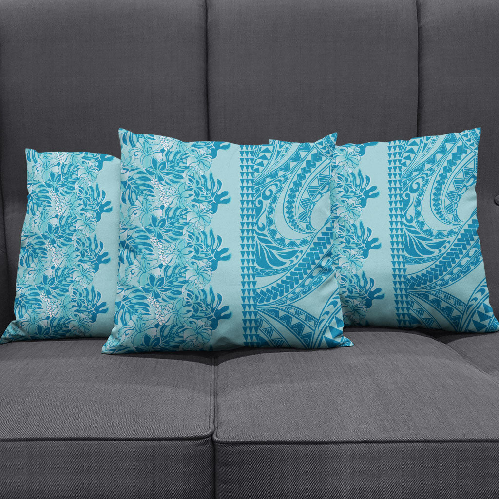 Cyan Hibiscus Monstera Seamless Kakau Hawaii Pillow Cover