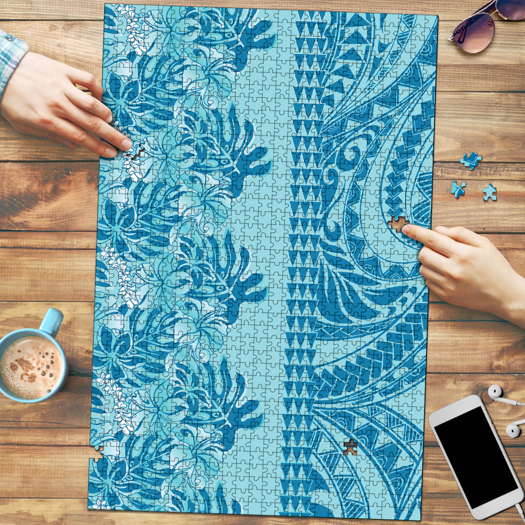 Cyan Hibiscus Monstera Seamless Kakau Hawaii Puzzle