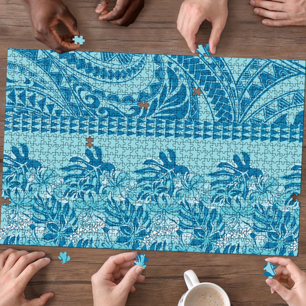 Cyan Hibiscus Monstera Seamless Kakau Hawaii Puzzle