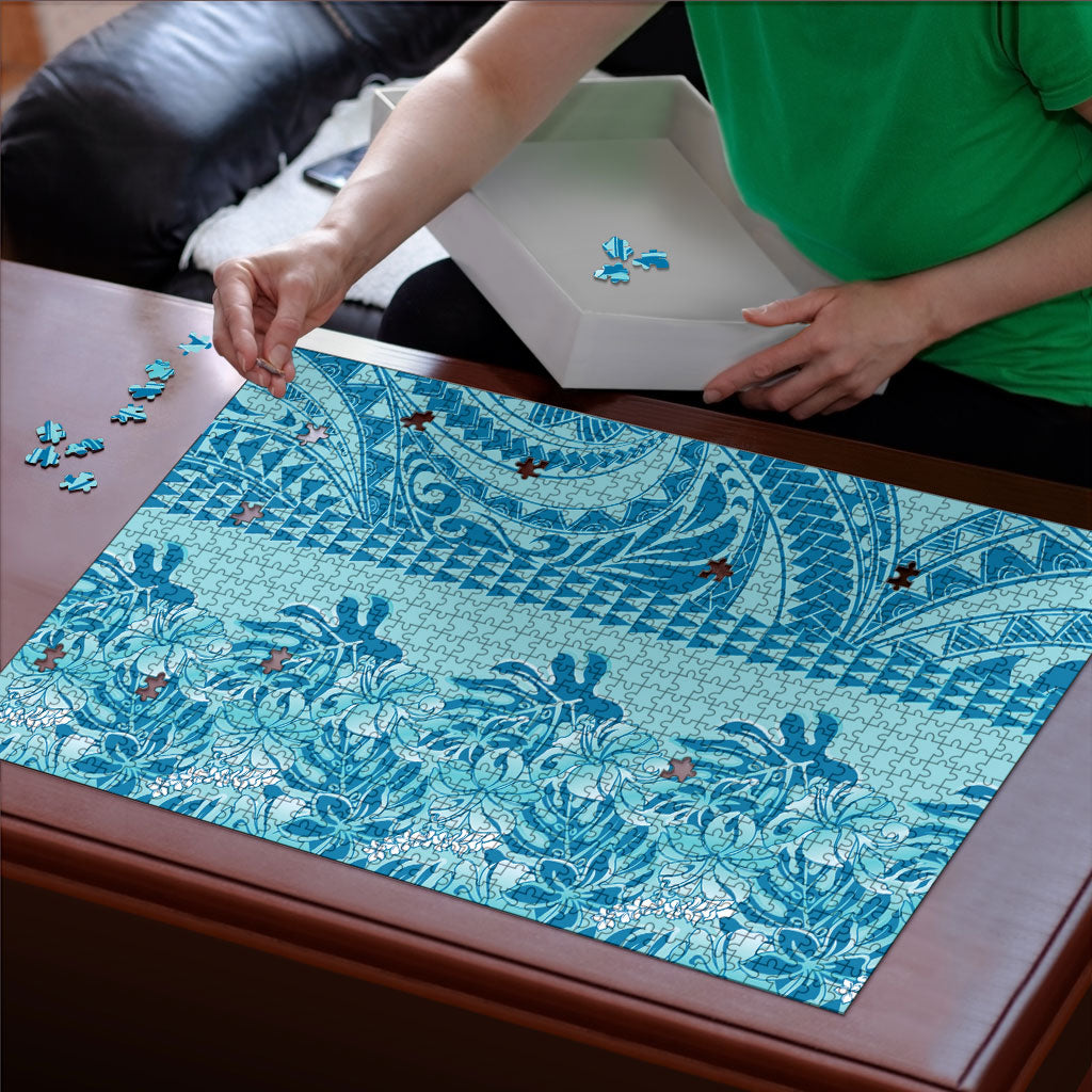 Cyan Hibiscus Monstera Seamless Kakau Hawaii Puzzle