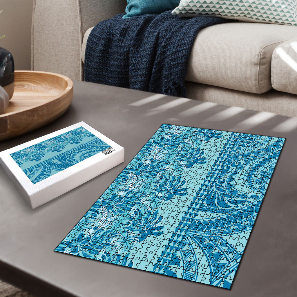 Cyan Hibiscus Monstera Seamless Kakau Hawaii Puzzle