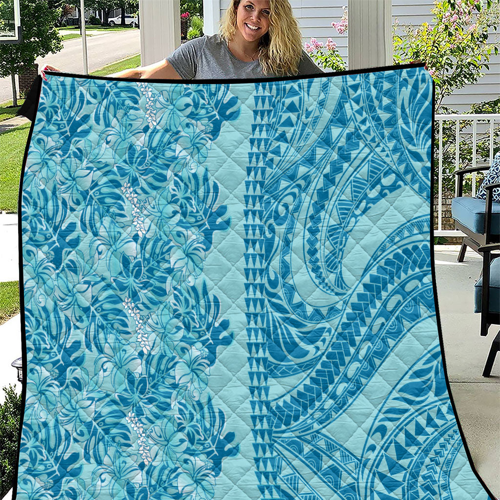 Cyan Hibiscus Monstera Seamless Kakau Hawaii Quilt