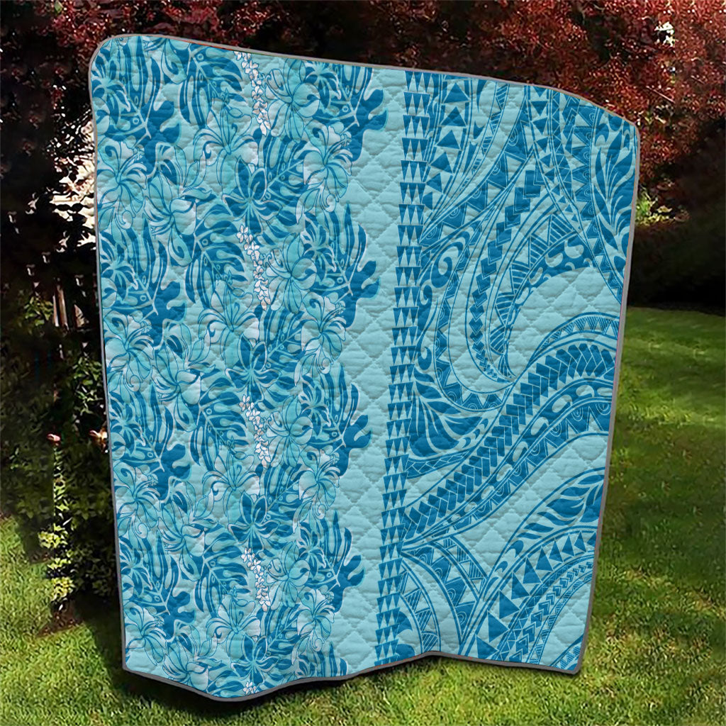 Cyan Hibiscus Monstera Seamless Kakau Hawaii Quilt