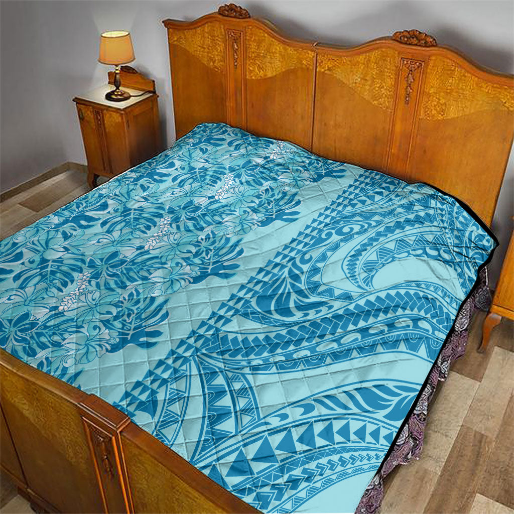 Cyan Hibiscus Monstera Seamless Kakau Hawaii Quilt
