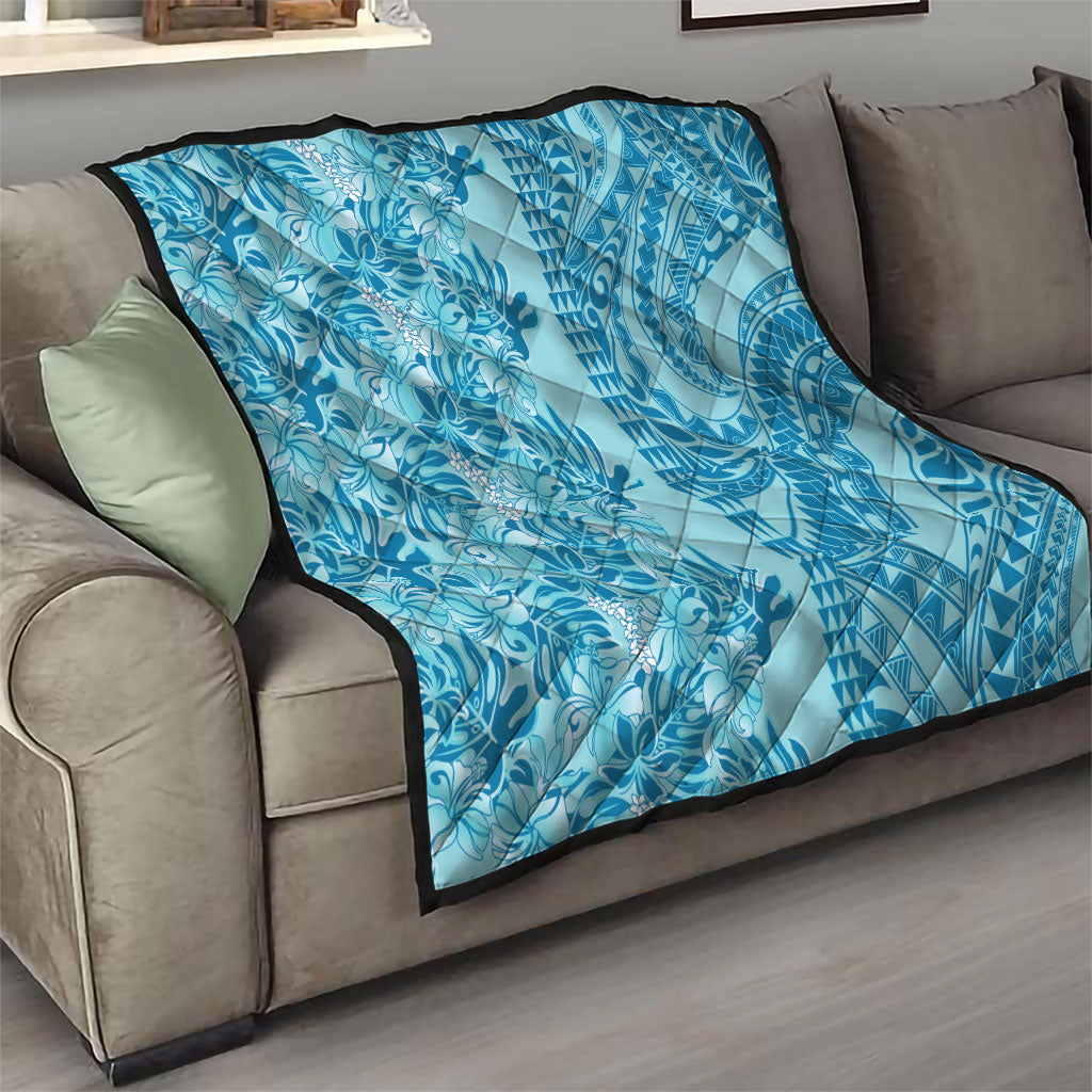 Cyan Hibiscus Monstera Seamless Kakau Hawaii Quilt