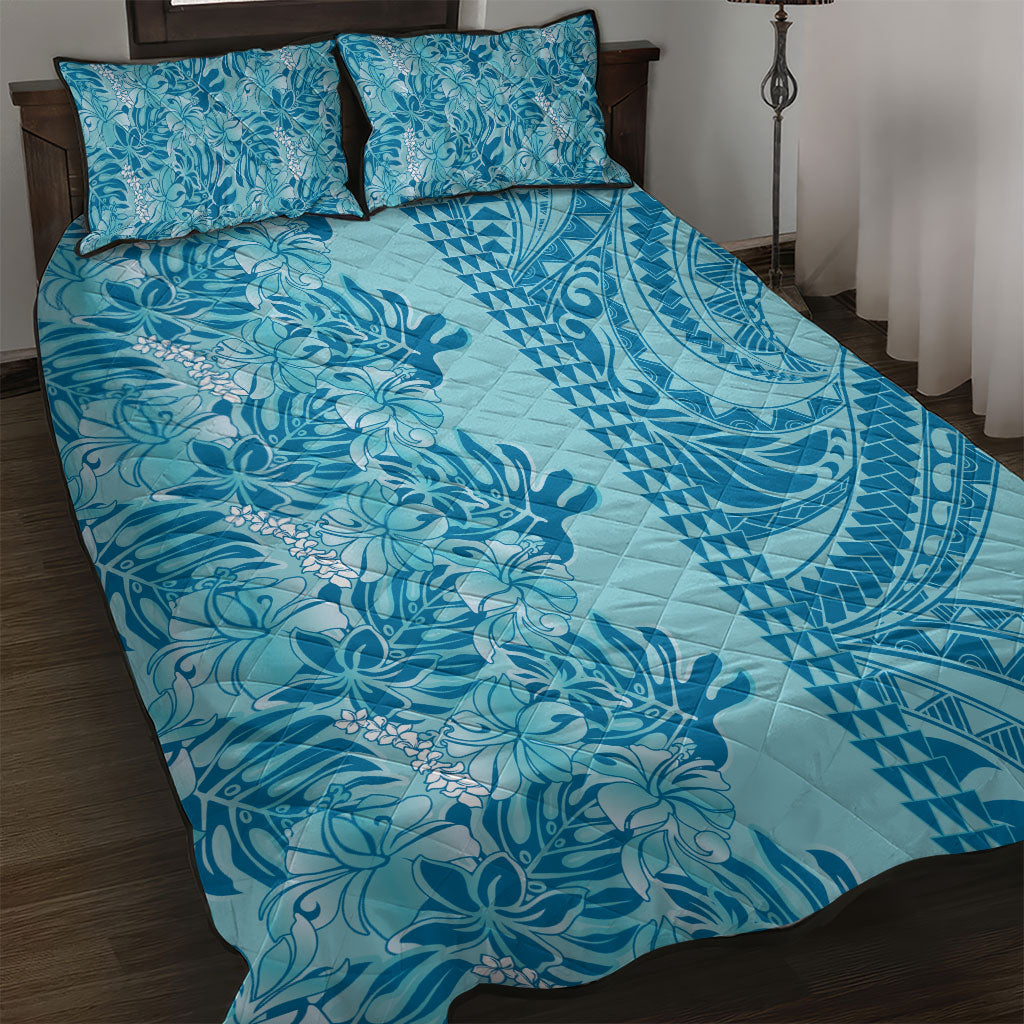 Cyan Hibiscus Monstera Seamless Kakau Hawaii Quilt Bed Set