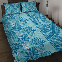 Cyan Hibiscus Monstera Seamless Kakau Hawaii Quilt Bed Set