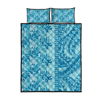 Cyan Hibiscus Monstera Seamless Kakau Hawaii Quilt Bed Set